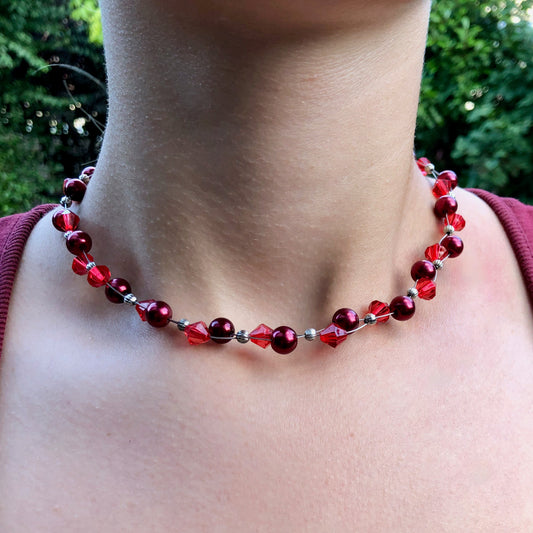 Halskette rote Glaswachs-, Glasschliffperlen und Metallperlen